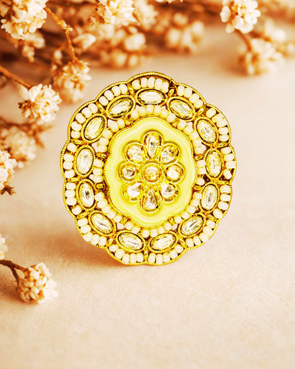Yellow Meenakari Kundan Cocktail Ring