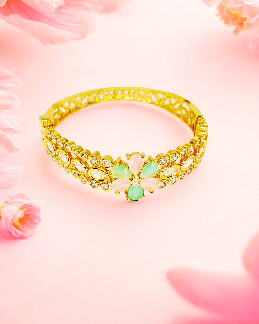Floral Stone-Studded Gold Kada