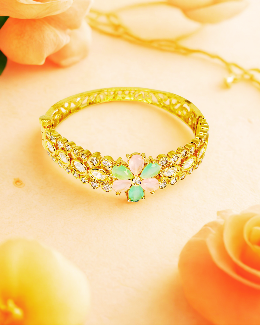 Floral Stone-Studded Gold Kada