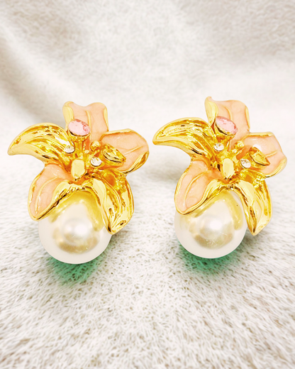 Golden Lily Pearl Stud Earrings
