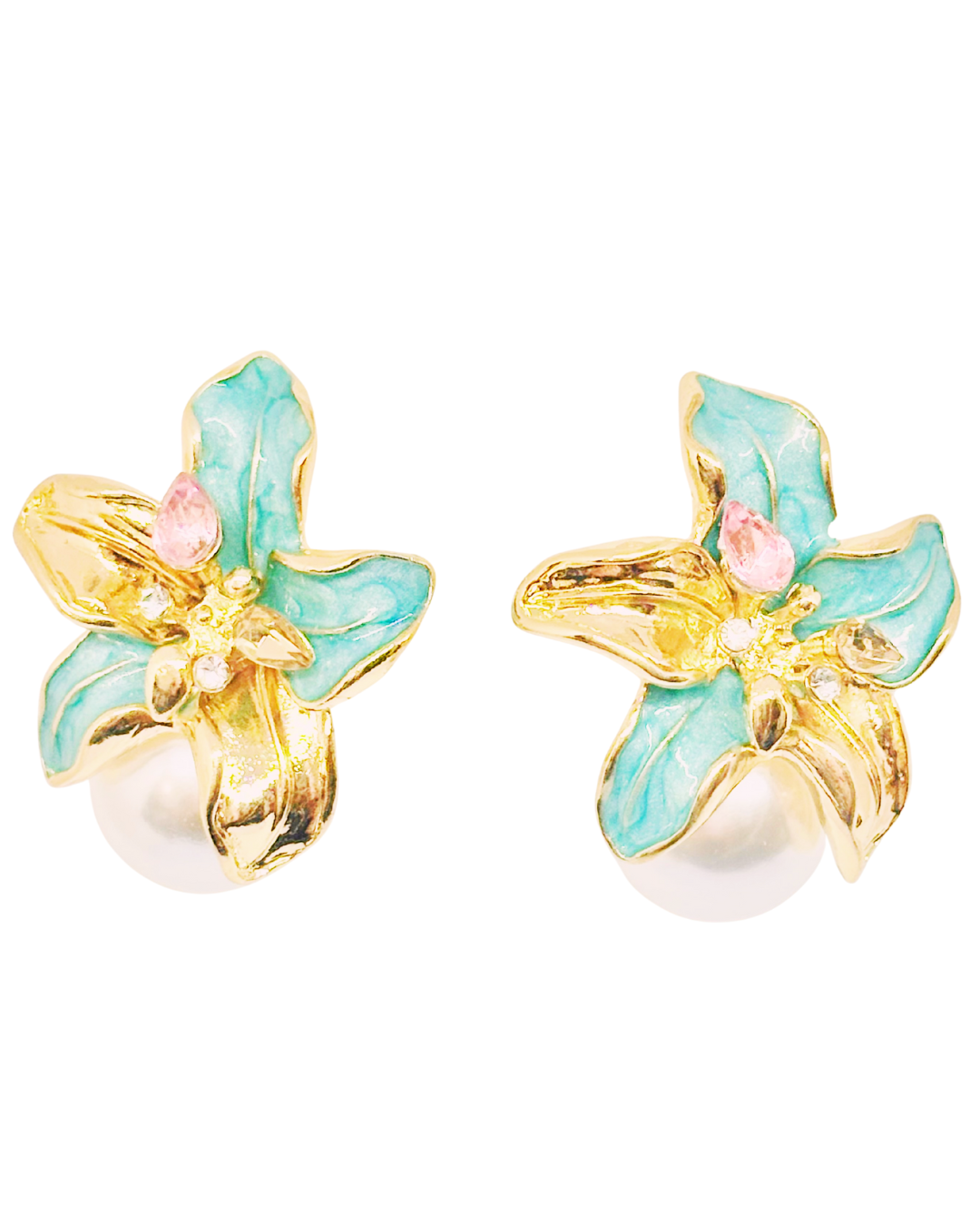 Golden Lily Pearl Stud Earrings