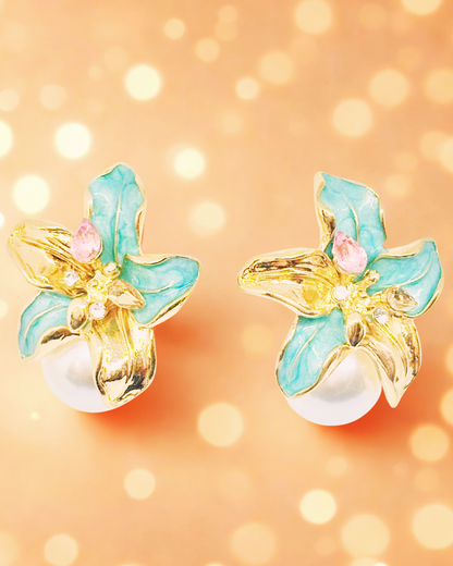 Golden Lily Pearl Stud Earrings