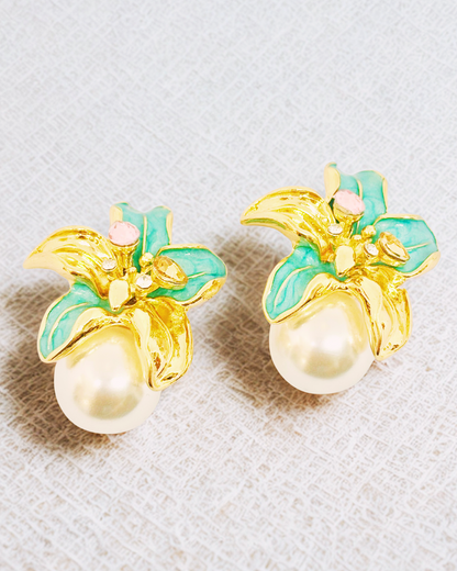 Golden Lily Pearl Stud Earrings