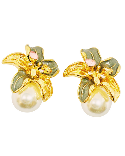 Golden Lily Pearl Stud Earrings