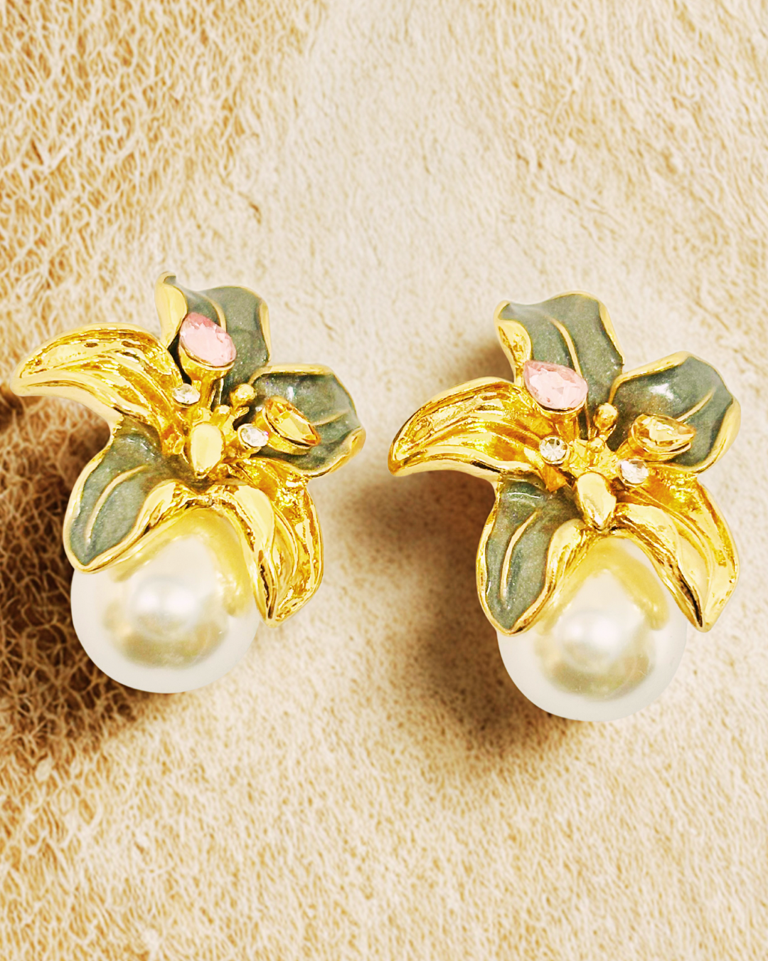 Golden Lily Pearl Stud Earrings