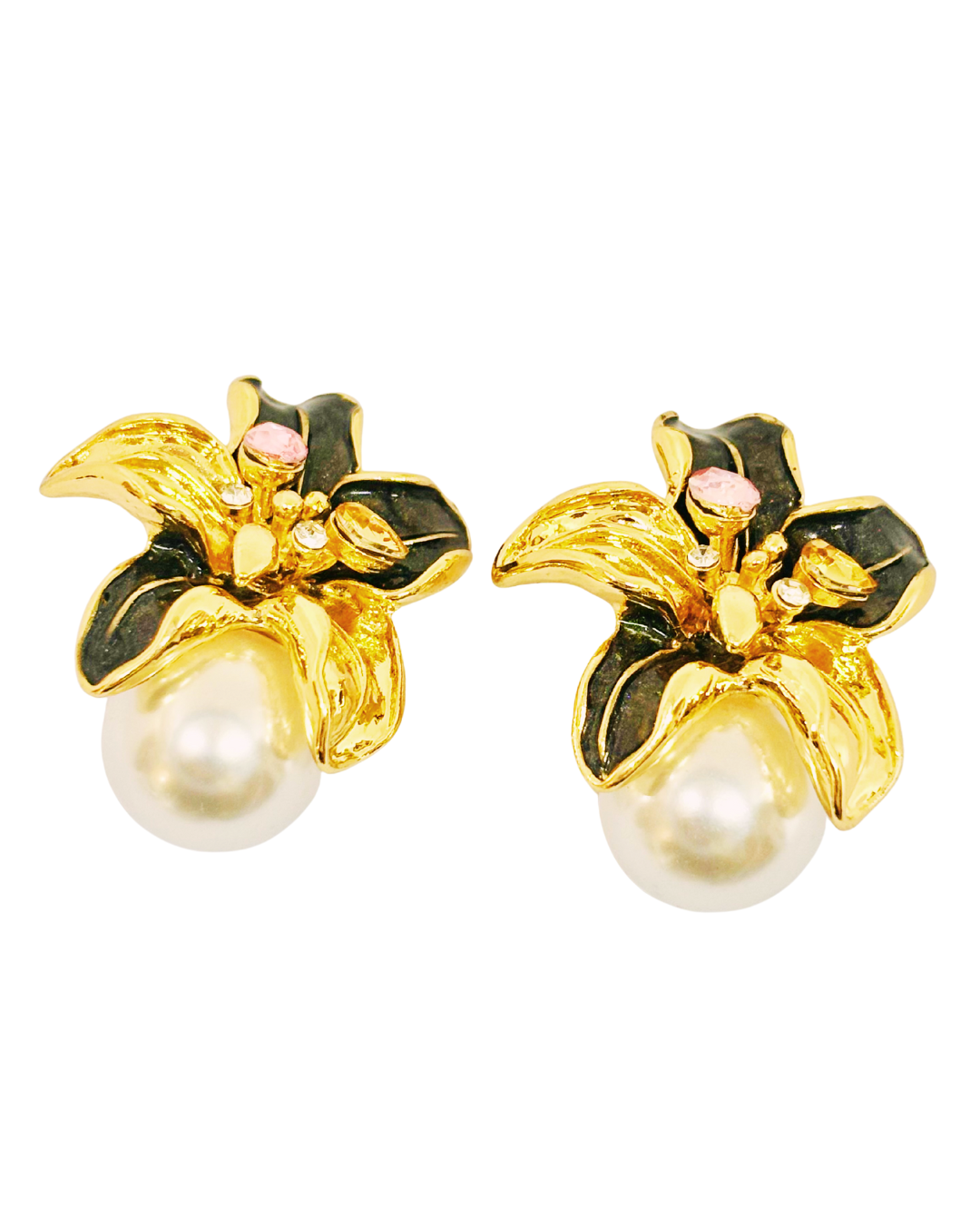 Golden Lily Pearl Stud Earrings