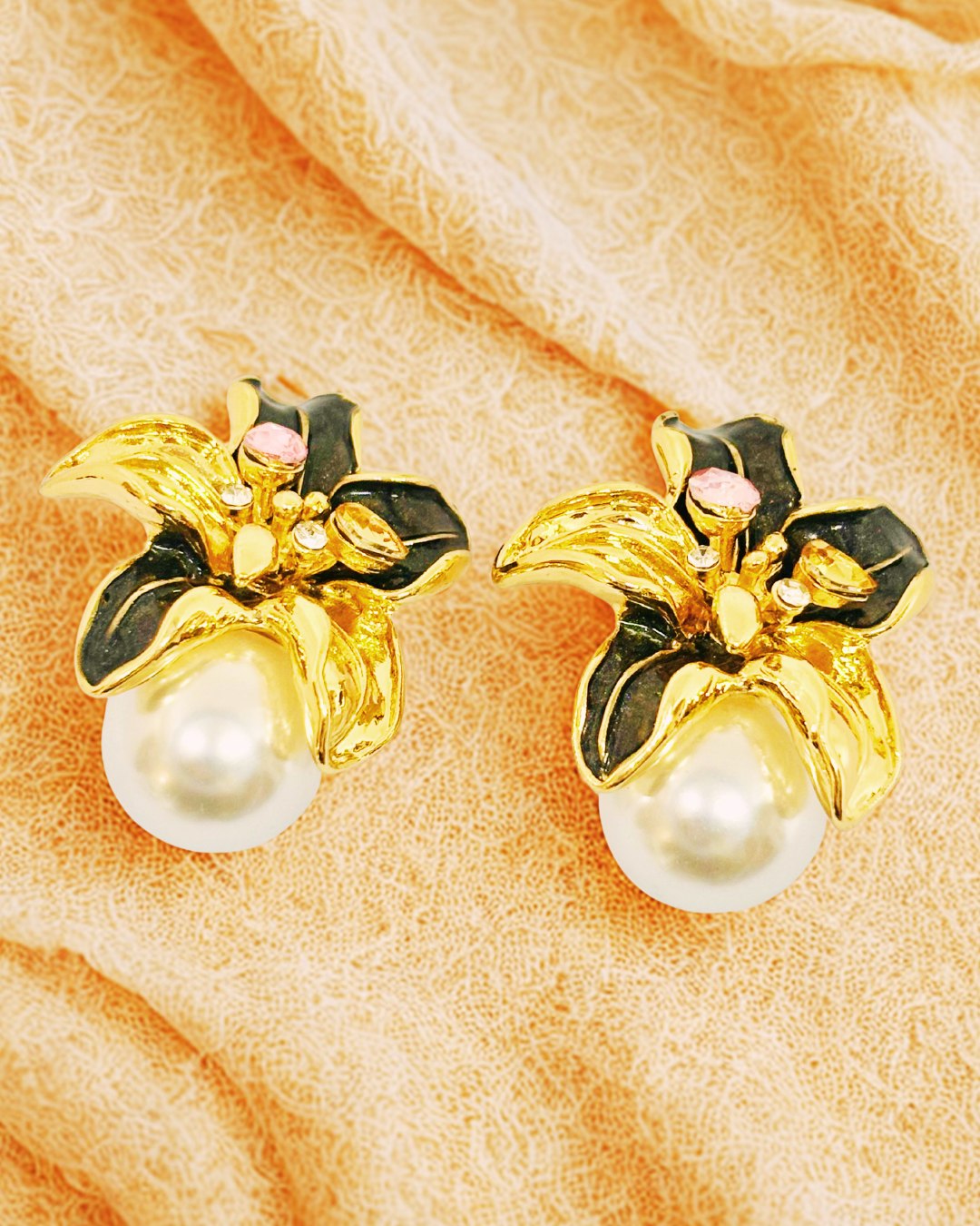 Golden Lily Pearl Stud Earrings