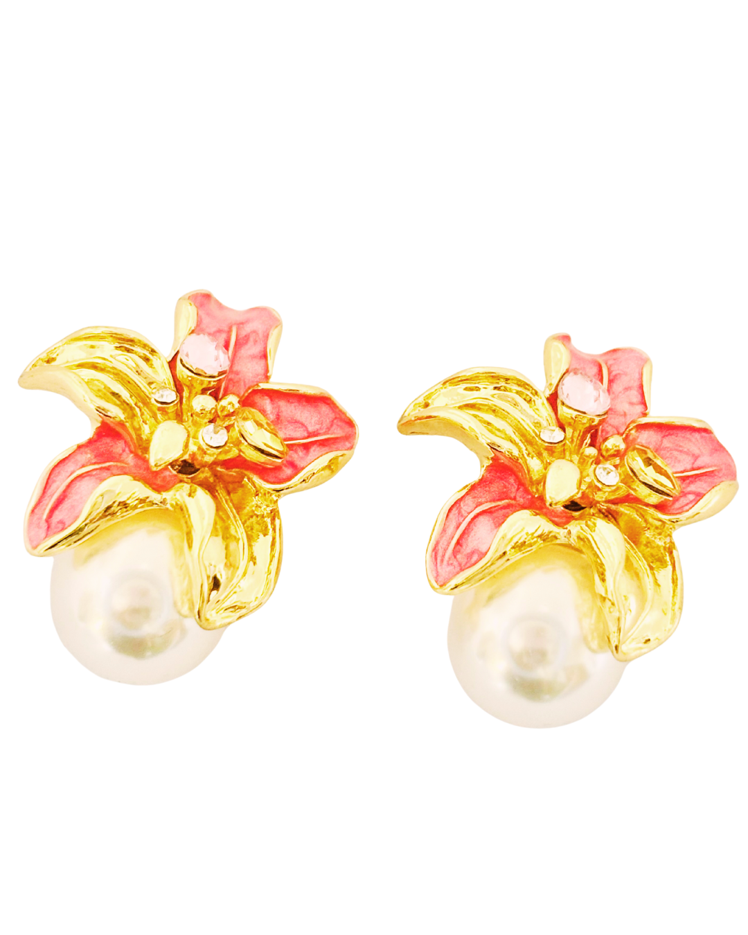 Golden Lily Pearl Stud Earrings