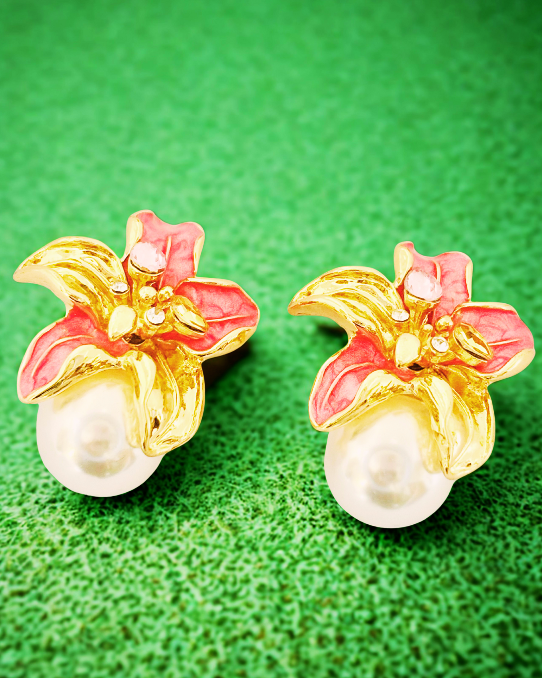 Golden Lily Pearl Stud Earrings