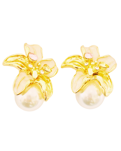 Golden Lily Pearl Stud Earrings