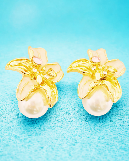 Golden Lily Pearl Stud Earrings