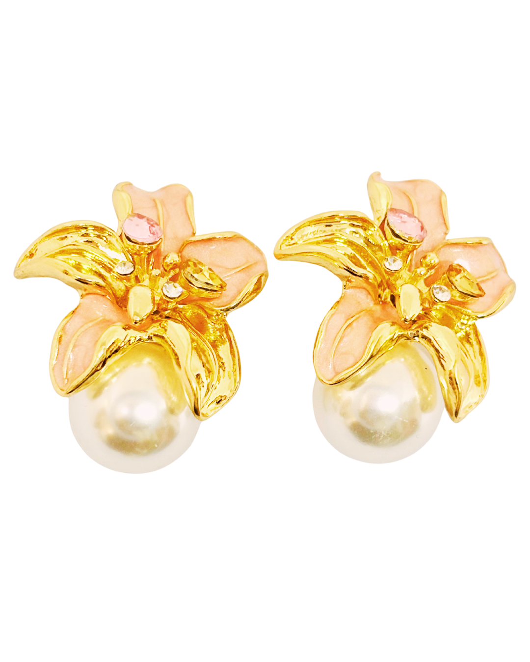 Golden Lily Pearl Stud Earrings