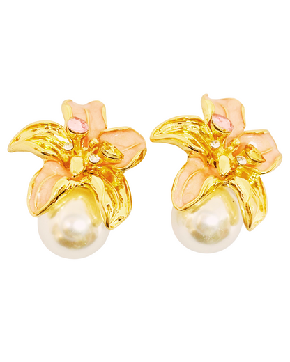 Golden Lily Pearl Stud Earrings