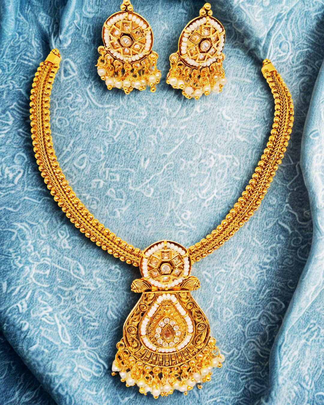 Kundan & Pearl Temple Necklace Set