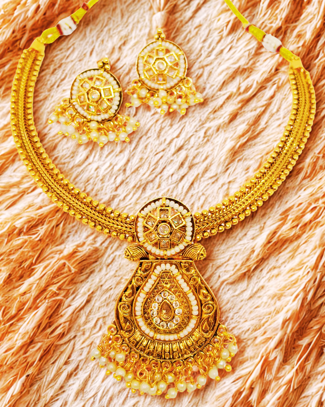 Kundan & Pearl Temple Necklace Set