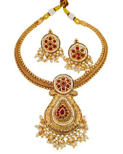 Kundan & Pearl Temple Necklace Set