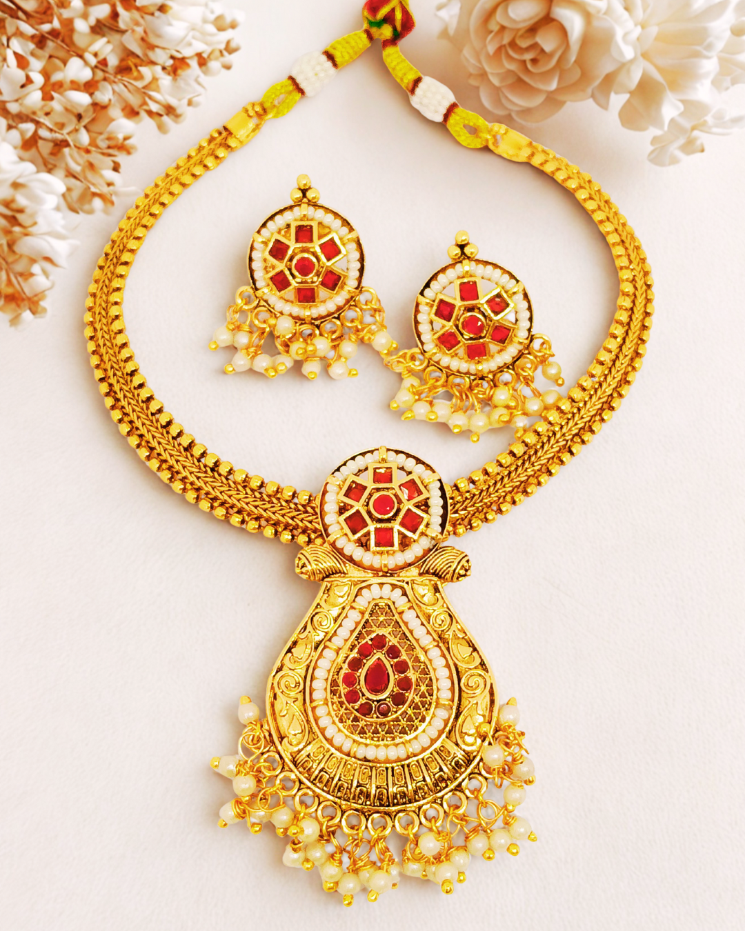Kundan & Pearl Temple Necklace Set
