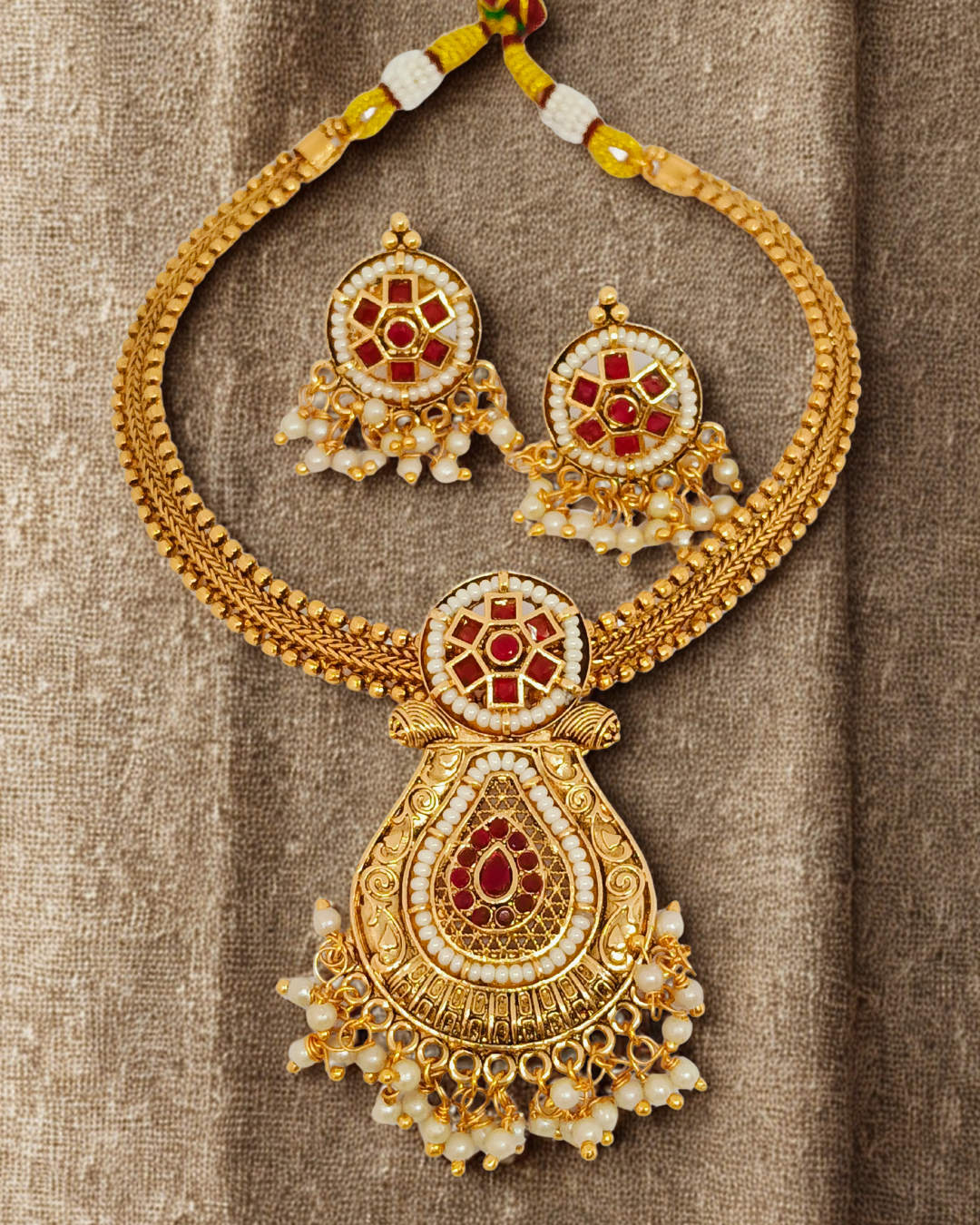 Kundan & Pearl Temple Necklace Set