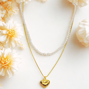 Dual-Layer Pearl & Heart Pendant Korean Necklace