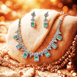 Emerald-Cut AD Stone Necklace Set with Earrings